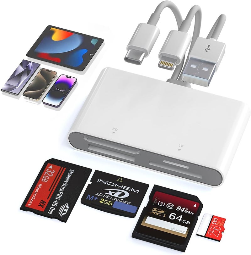 Ardaddyn Memory Stick Pro Duo Adapter - 4 in 1 SD/TF/MS/XD Card Reader Digital Camera Adapter for Sony Cybershot SD Card, Lightning/USB-C/USB-A XD-Picture-Card Reader for iPhone 16/15/14/iPad/PC/Android/MAC - Image 1